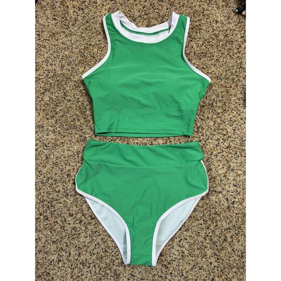 Women's High Waisted Bikini Set Crew Neck Color Block Sporty Swimsuit Green‎ S - Picture 2 of 8
